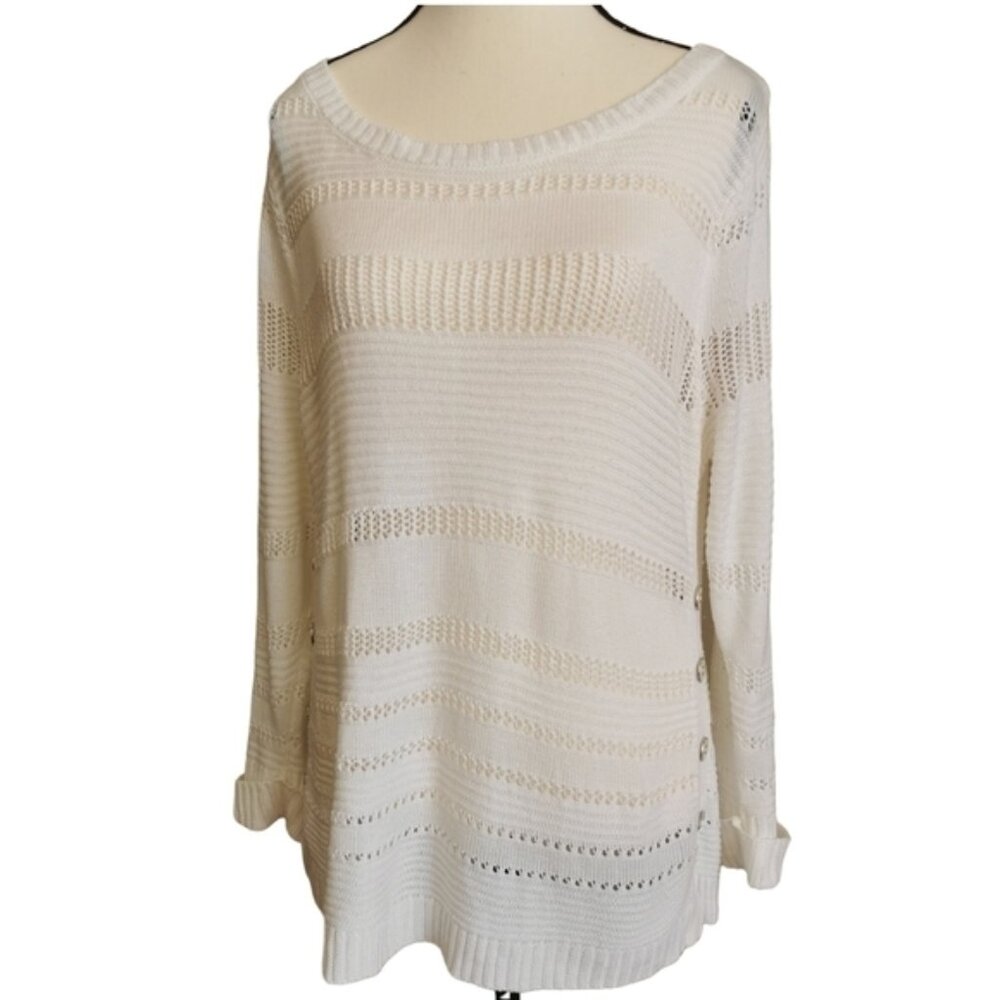 New York & Company Scoop Neck White Eyelet Long Sleeve Sweater -Sz M